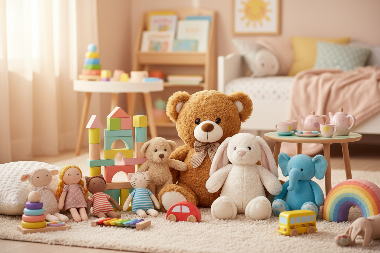 una imaggine che sia molto adorabile con peluch e vari giocatoli che attirerebe bambini 
